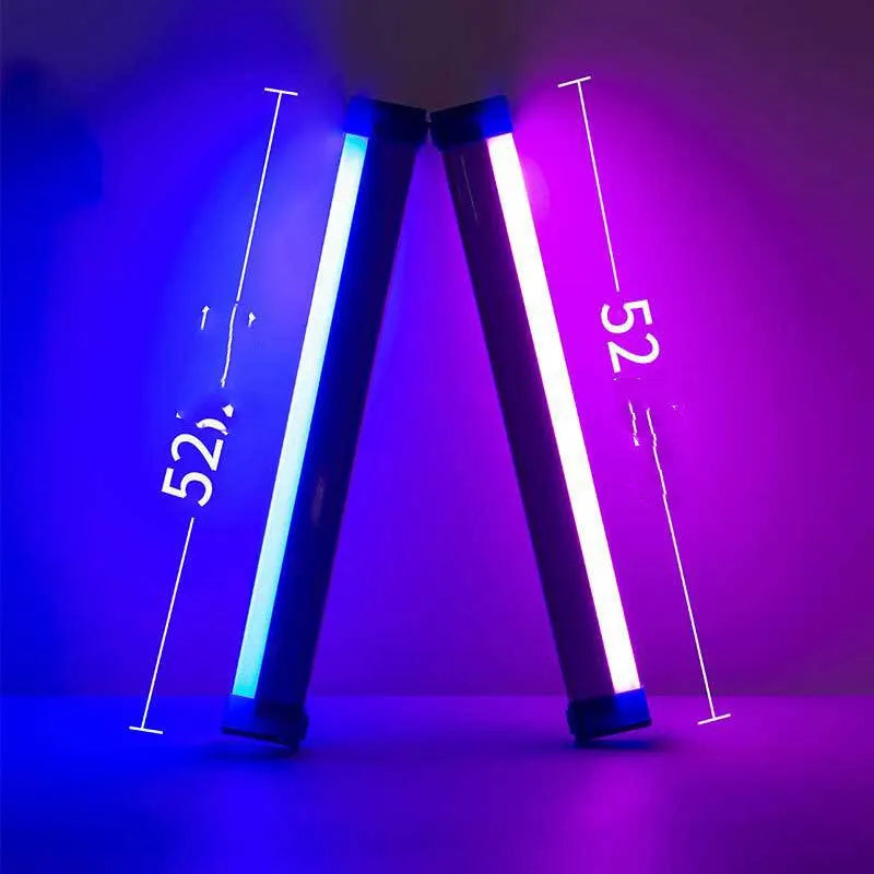 Blue and purple rechargeable LED tube light stick with dimmable RGB settings for photography and room ambience.