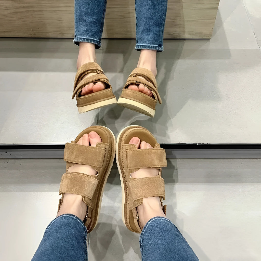 Women's maroon suede peep toe platform sandals with an adjustable Velcro strap.