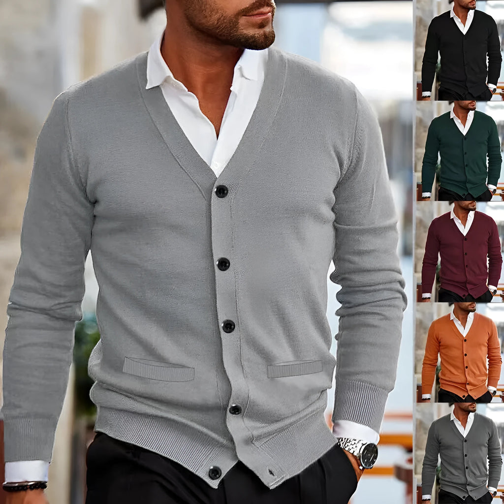 Men's slim fit acrylic cardigan sweater in a selection of colours including creamy-white, grey, black, wine red, and dark green.