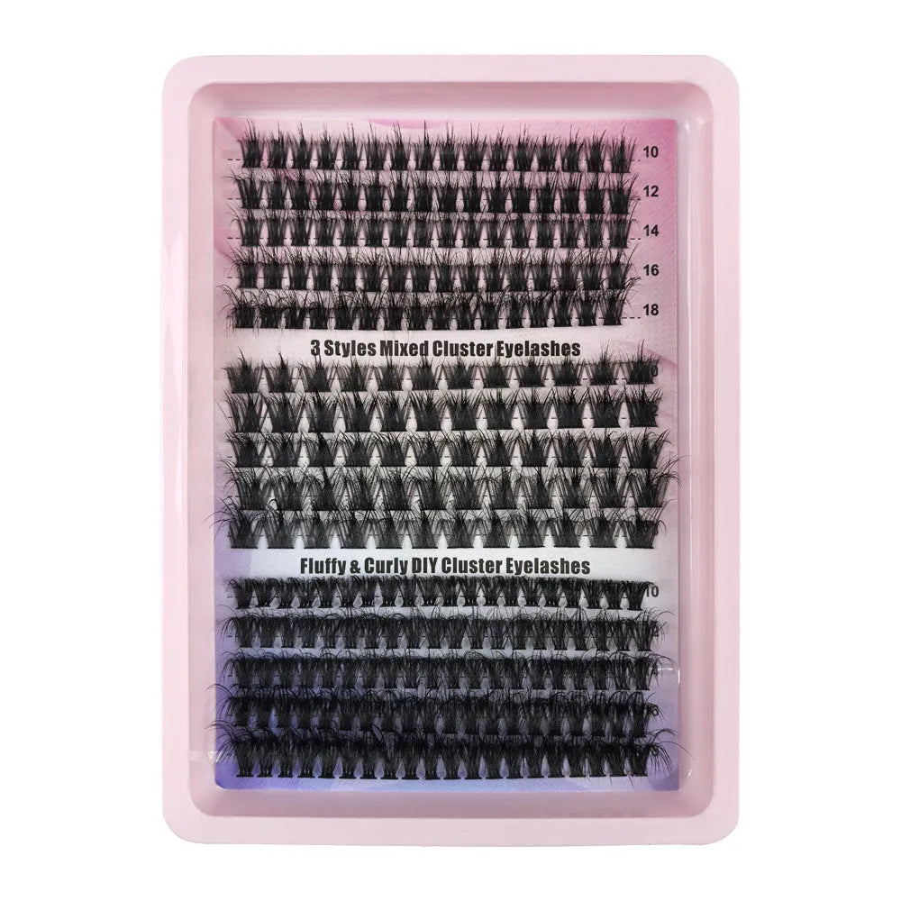 Mixed false eyelash set showing five different styles in a large capacity storage box measuring 13.7cm by 13.5cm