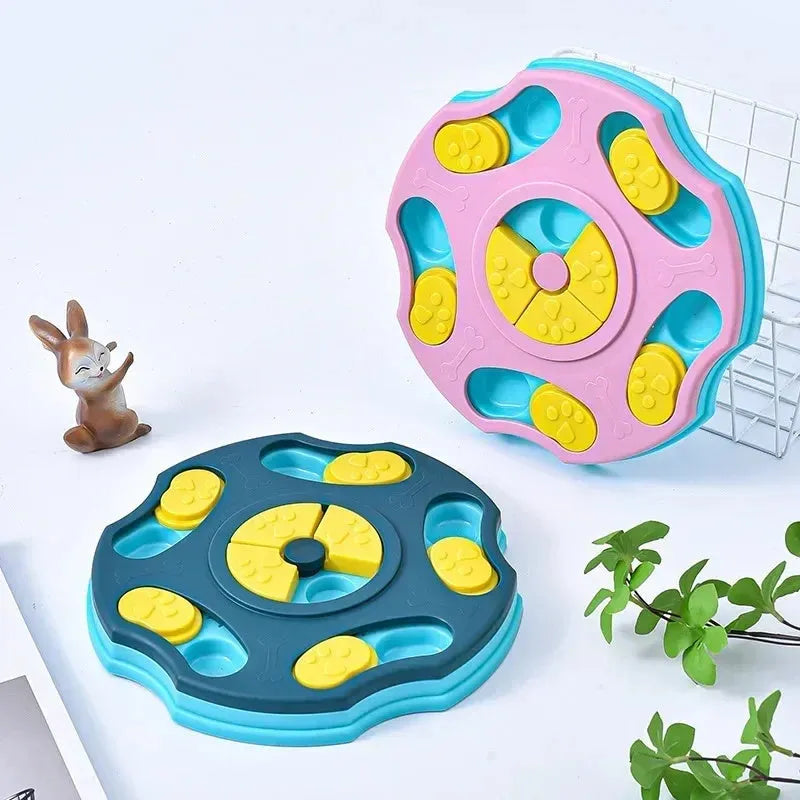Blue dog puzzle feeder bowl with movable compartments for food-searching games and mental stimulation