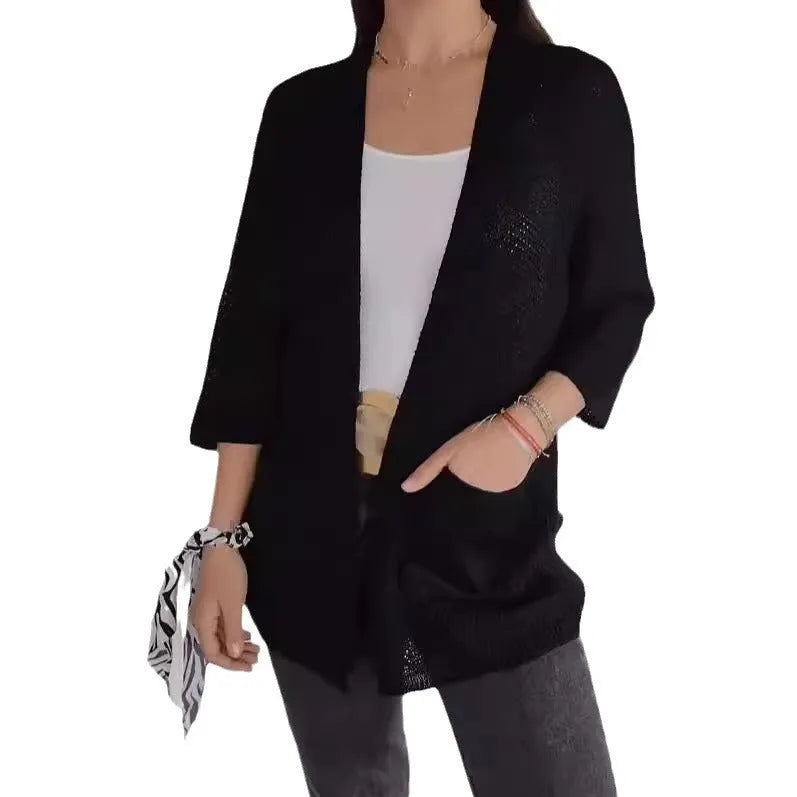Women's thin waffle weave cardigan coat in army green with nine-quarter sleeves and pockets.