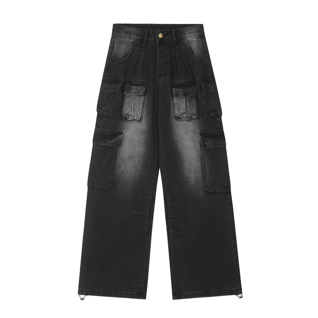 Men's loose fit distressed denim jeans with multiple pockets in street hipster style
