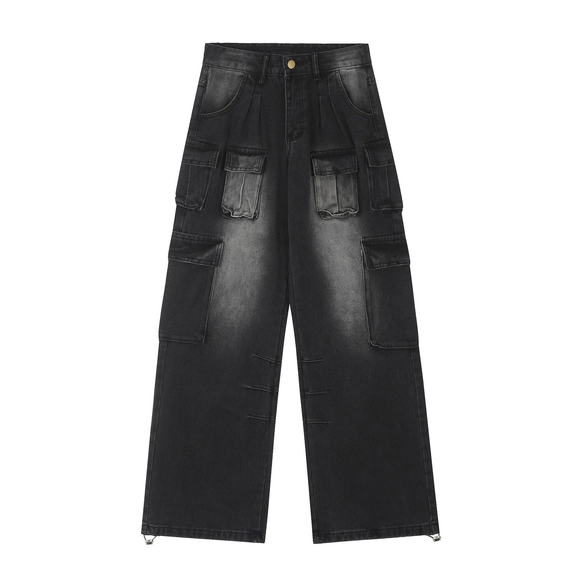 Men's loose fit distressed denim jeans with multiple pockets in street hipster style