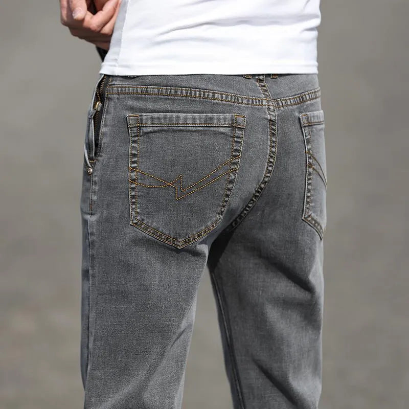 Men's smoky gray low waist straight leg jeans with rabbit fur fabric and high elasticity