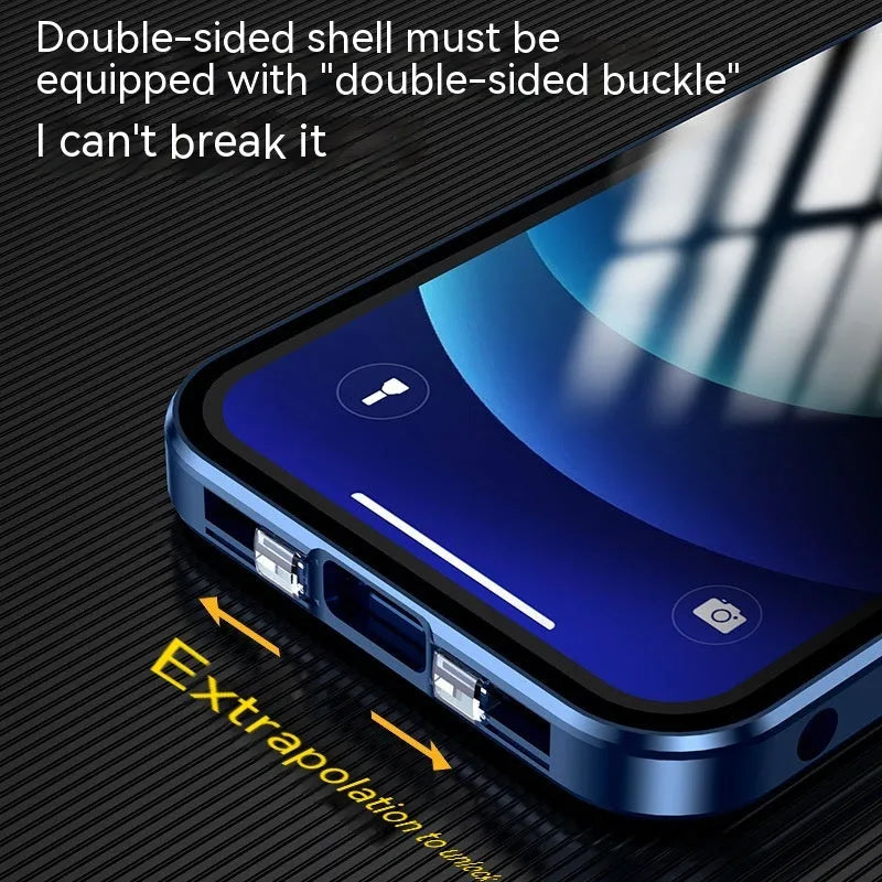 Glass back cover phone case for iPhone with double-sided buckle, shown in silver grey colour.