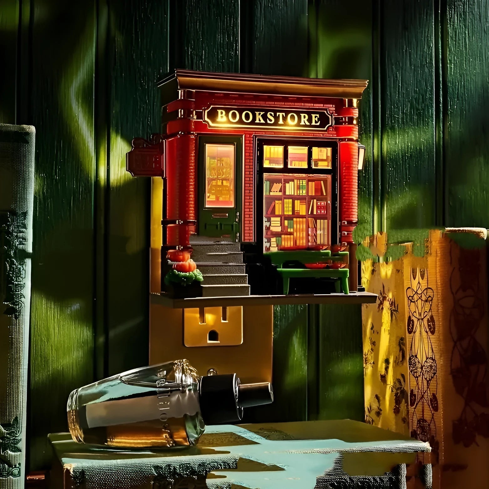 Cartoon house Christmas night lamp ornament made from red and white resin with glowing windows.