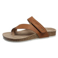 Thick-soled blue flip-flops with flat toe ring design on beach background