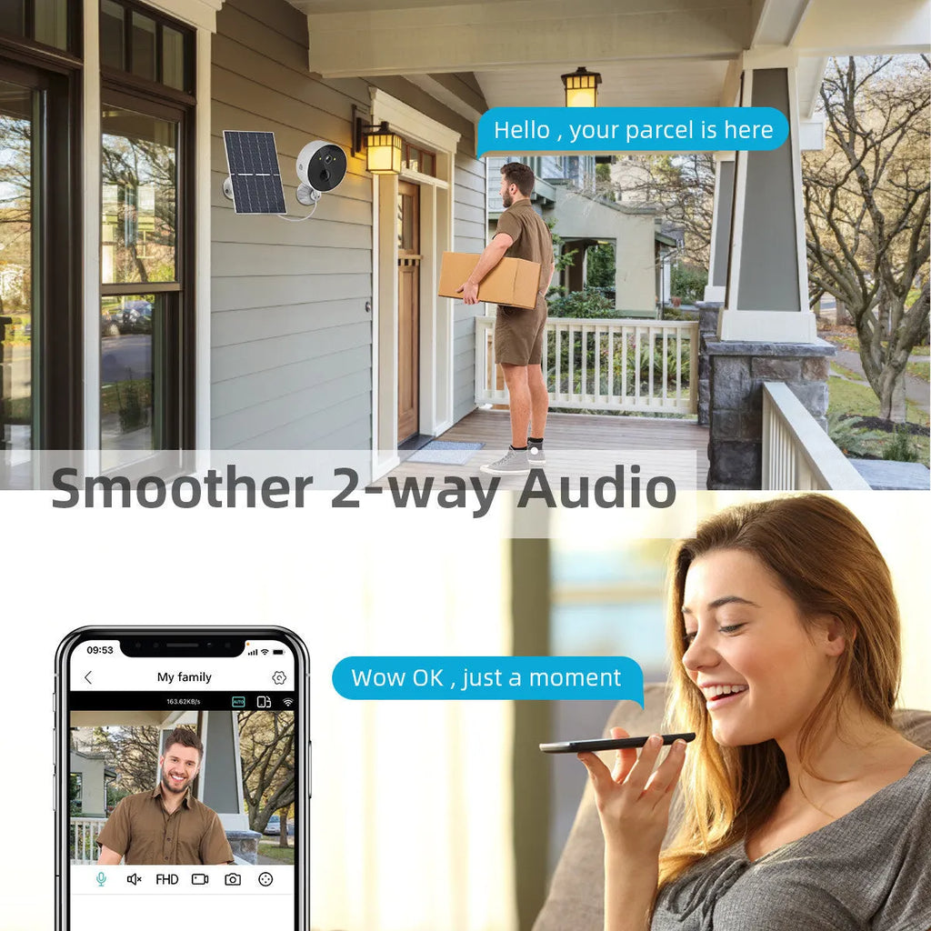 Solar-powered outdoor security camera with separate solar panel for wireless monitoring