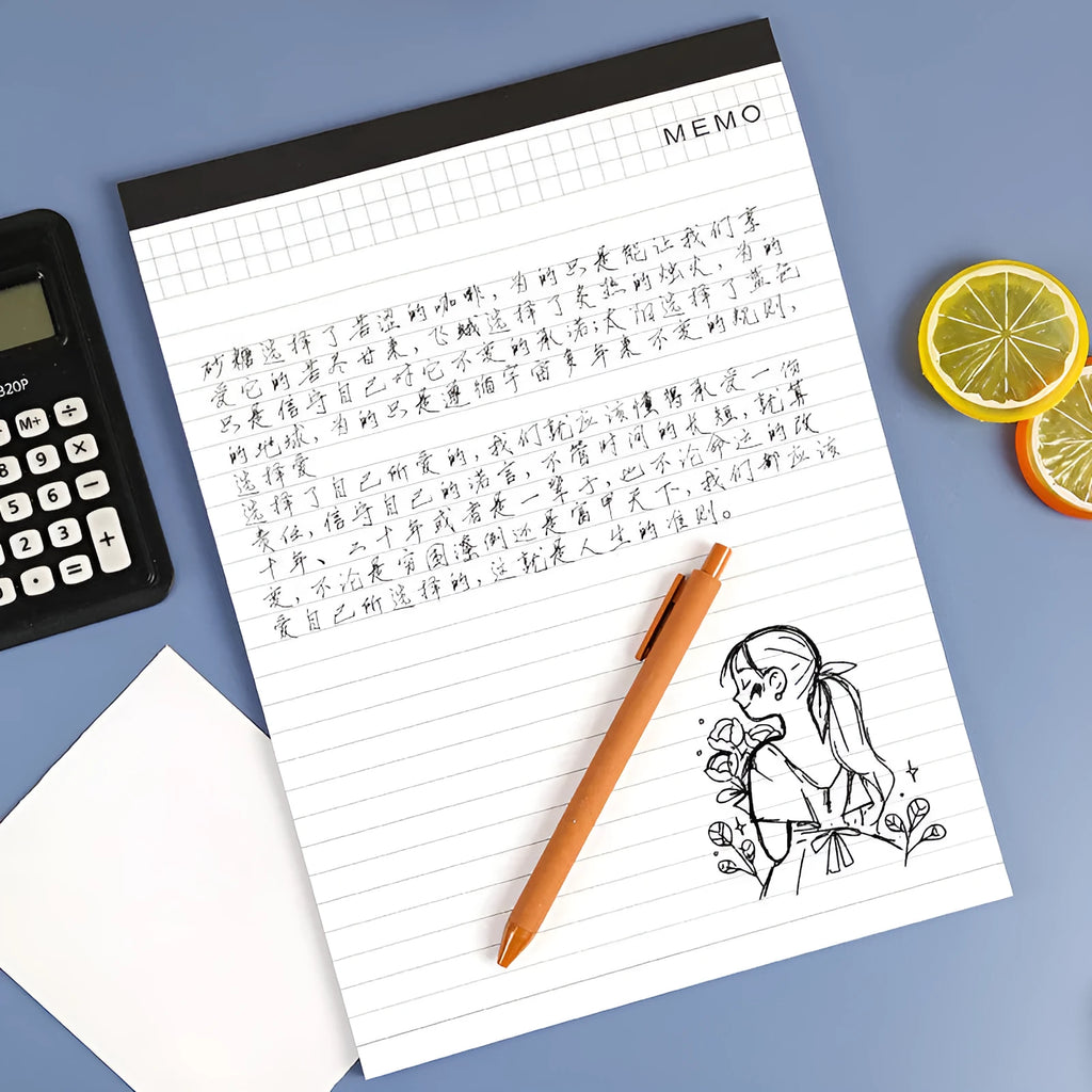 A4 tearable notebook with grid-lined ivory pages and wireless adhesive binding, shown in both A4 and A5 sizes