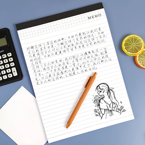 A4 tearable notebook with grid-lined ivory pages and wireless adhesive binding, shown in both A4 and A5 sizes