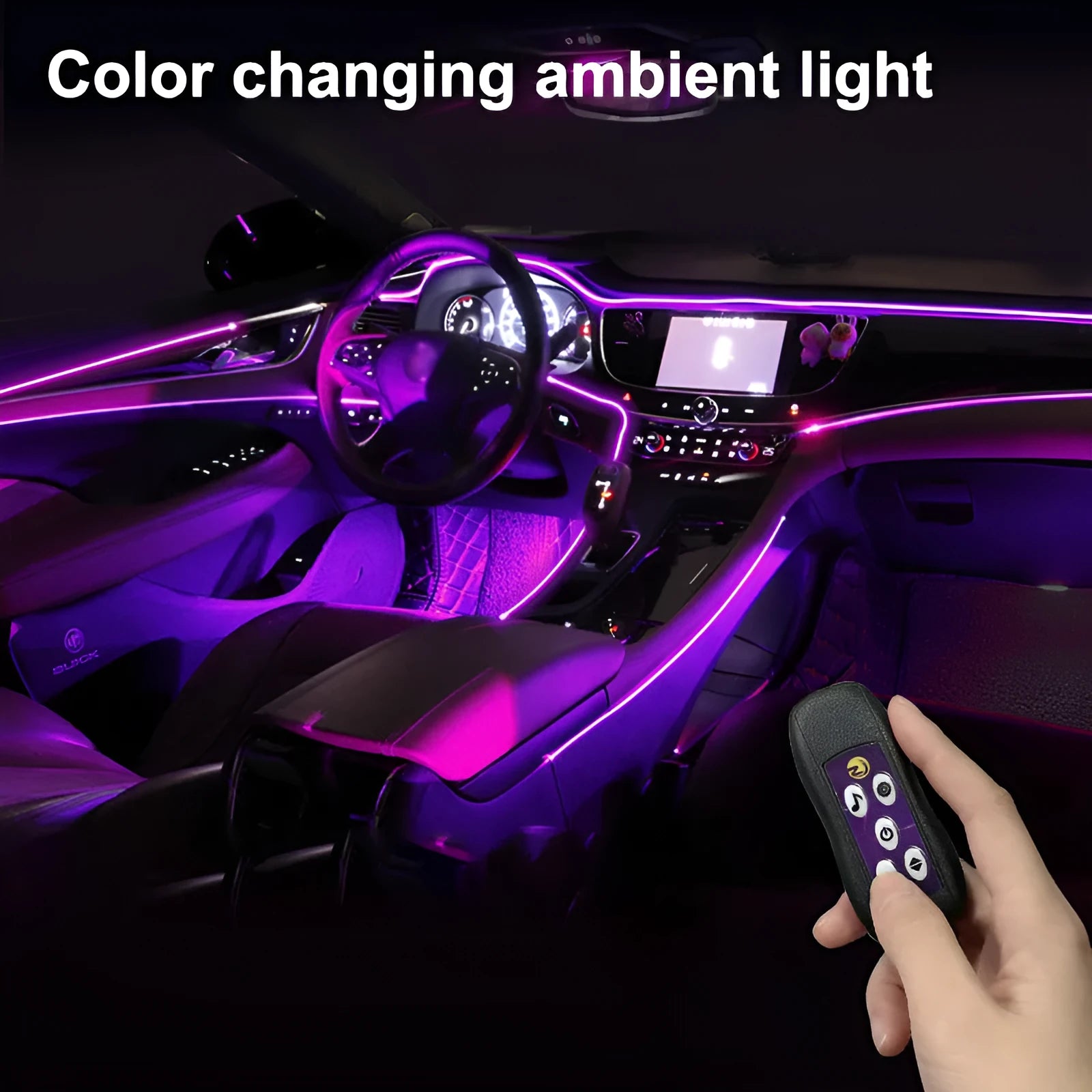Car interior with colour-changing LED atmosphere lighting installed along dashboard and centre console
