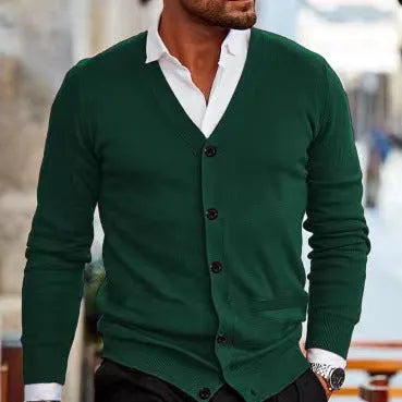 Men's slim fit acrylic cardigan sweater in a selection of colours including creamy-white, grey, black, wine red, and dark green.