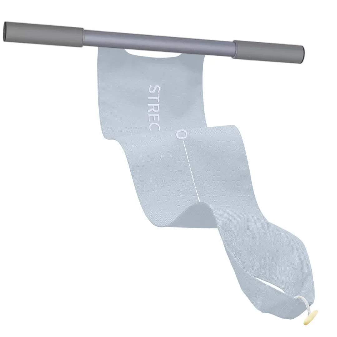 Grey and pink yoga stretching tool for shoulder and hip flexibility on a plain background.