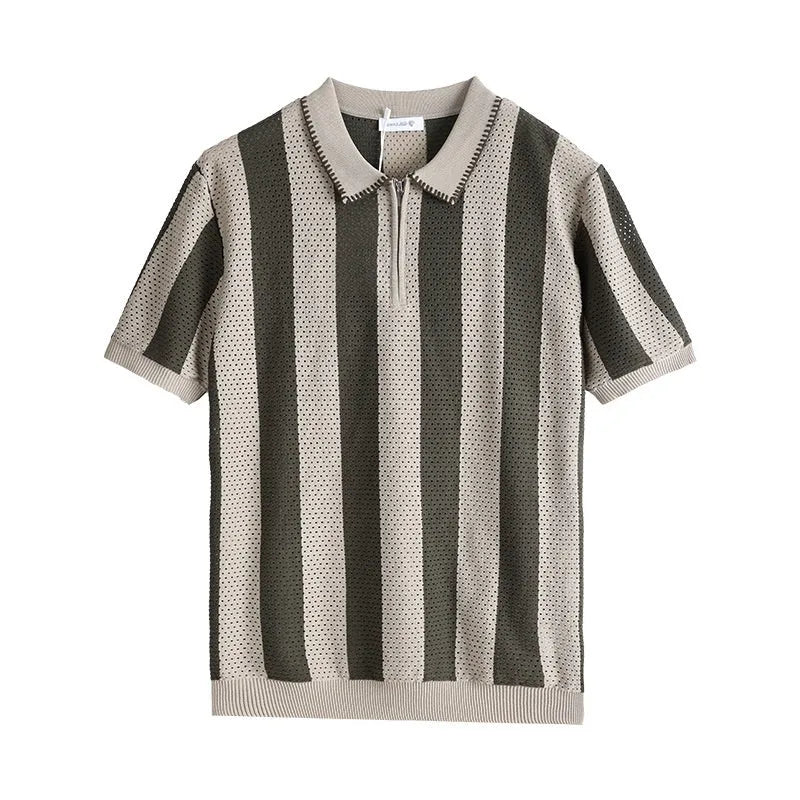 Men's black and white striped short sleeve summer sweater with zip detail on front.