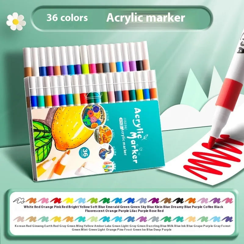 Set of acrylic marker pens with plastic barrels in multiple vibrant colours for student painting projects