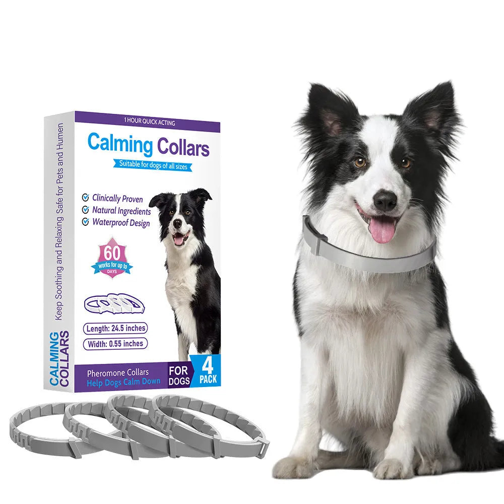 Four dog anxiety relief collars in different colours, showing Chinese style design and TPR material.