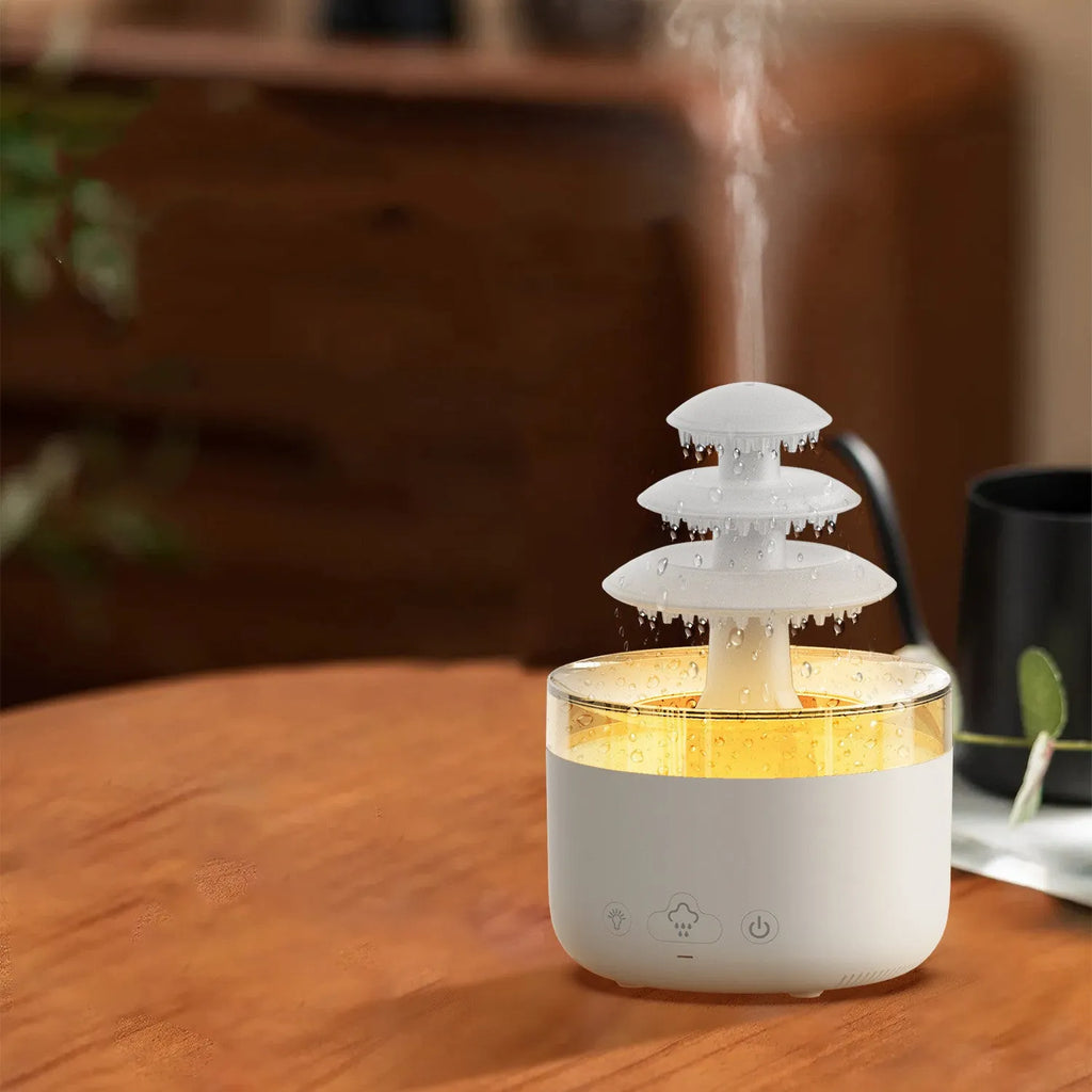 White cloud rain humidifier with colourful light and 500ml tank for aromatherapy