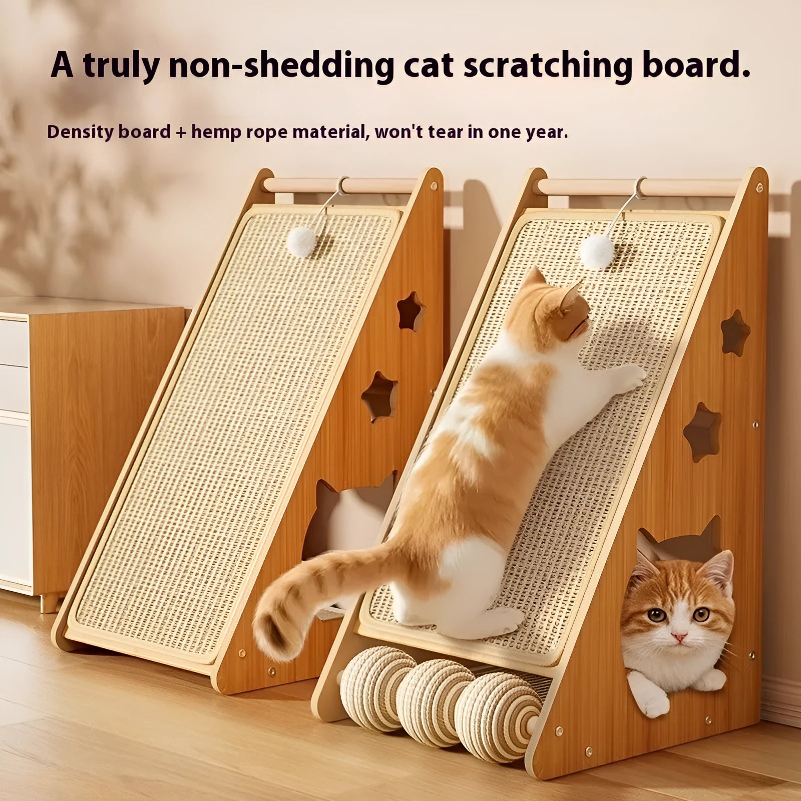 Vertical cat scratch board with sisal and hemp rope scratching surface mounted on wall