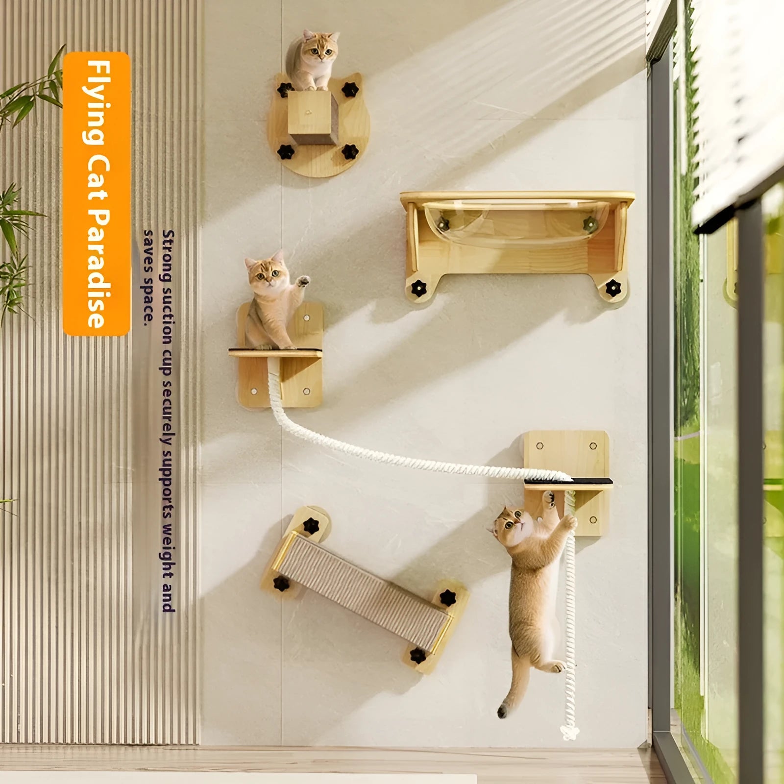 Space capsule style cat scratching climbing frame with sisal material attached to wall by suckers.
