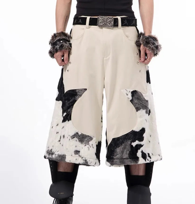 Cropped stitching milk fiber fur pants with checkered striped printed embroidered patterns in picture colour