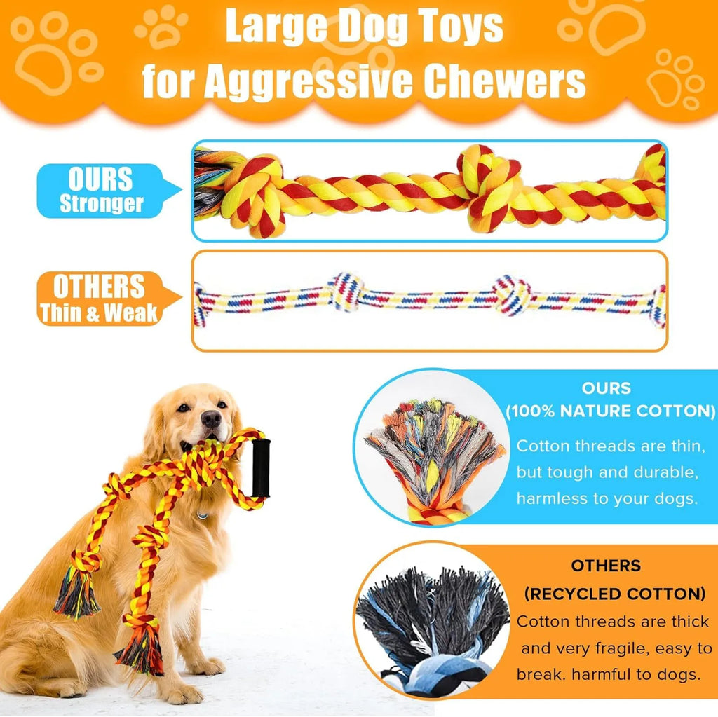 Blue and yellow woven cotton rope dog tug toy with a textured handle for large breed dogs.