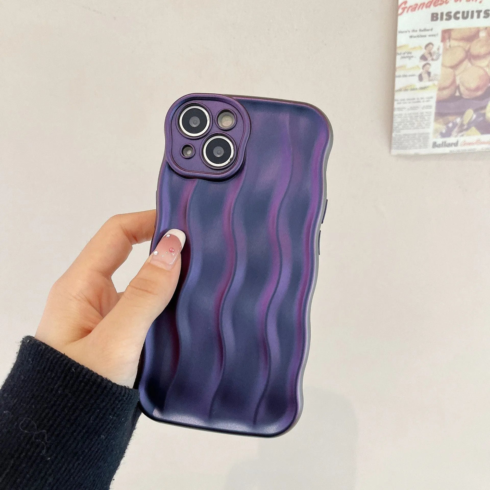 Silicone iPhone 17 case with water ripple texture in burgundy, green, silver, purple, and beige colour options