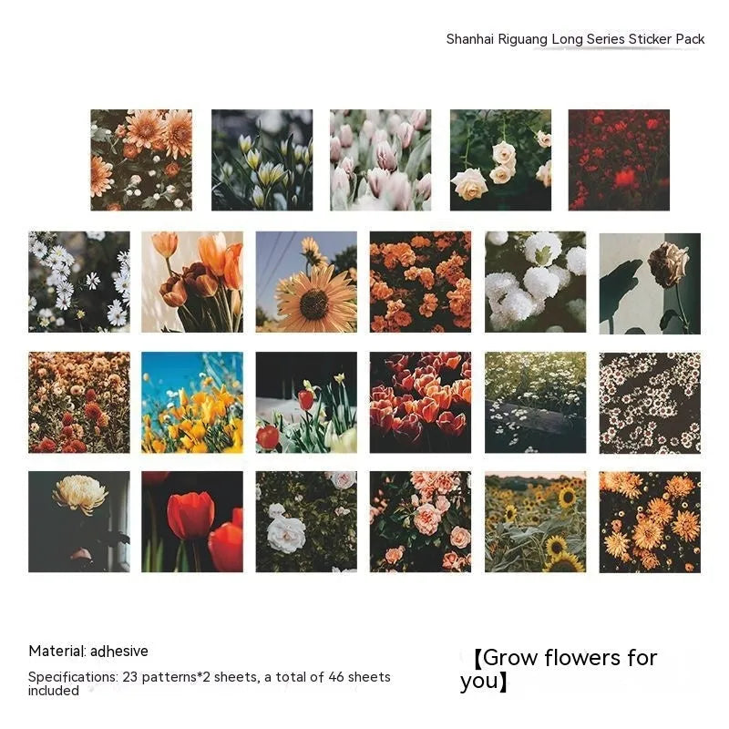 Box of Nordic style decorative stickers showing floral and scenic designs, 46 sheets total, each 44mm square.