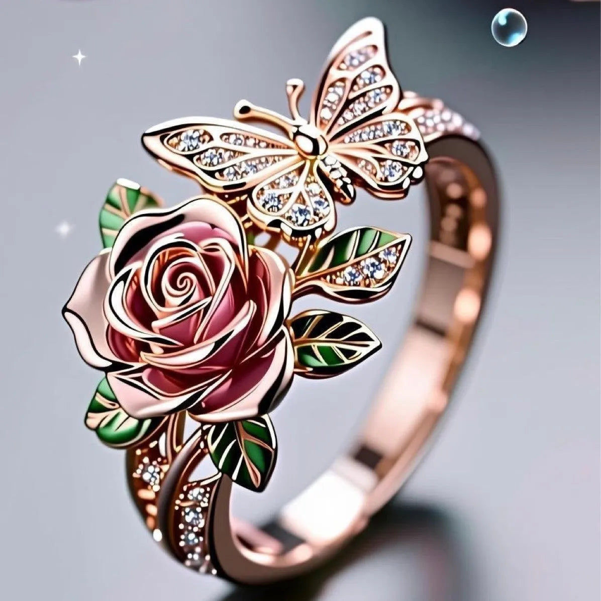 Adjustable butterfly ring with colourful oil-drip effect showing floral and insect details