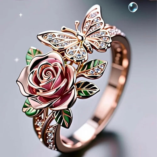 Adjustable butterfly ring with colourful oil-drip effect showing floral and insect details