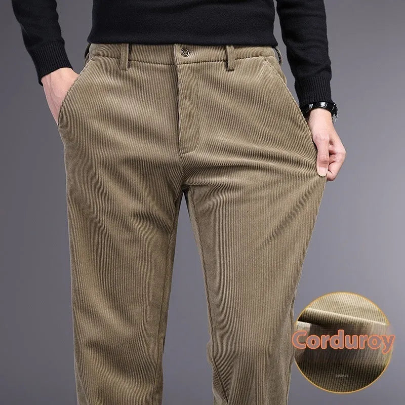 Men's straight-leg striped trousers in khaki colour shown laid flat, featuring a zip fly and no belt loops.
