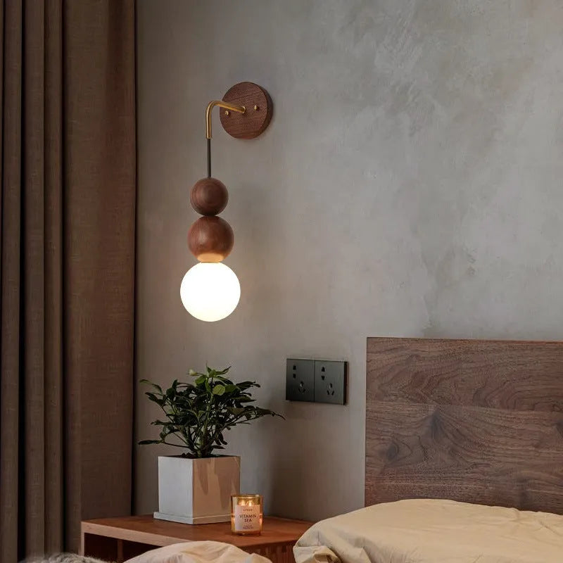 Wood copper wall lamp with circular 10cm diameter and tricolour lighting on suspension wire