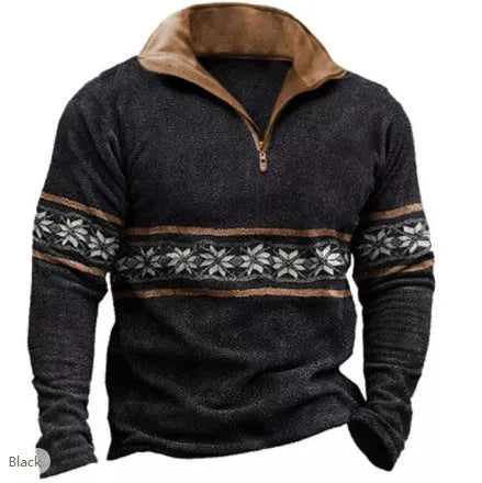 Men's retro colour print golf t-shirt with striped pattern and zipper details on long sleeve loose fit top