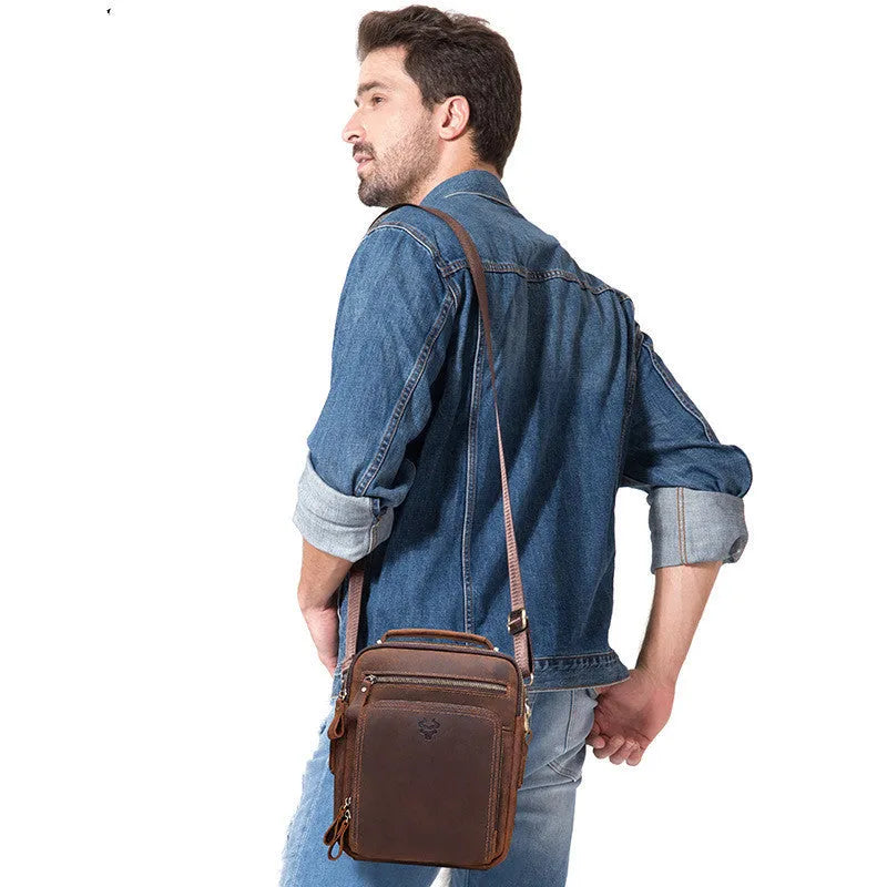 Men's brown genuine leather crossbody bag with retro style and visible stitching