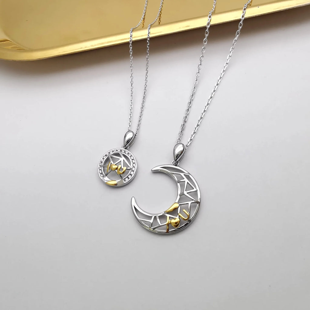 Sun moon couple necklace set with copper pendants and cross chain design