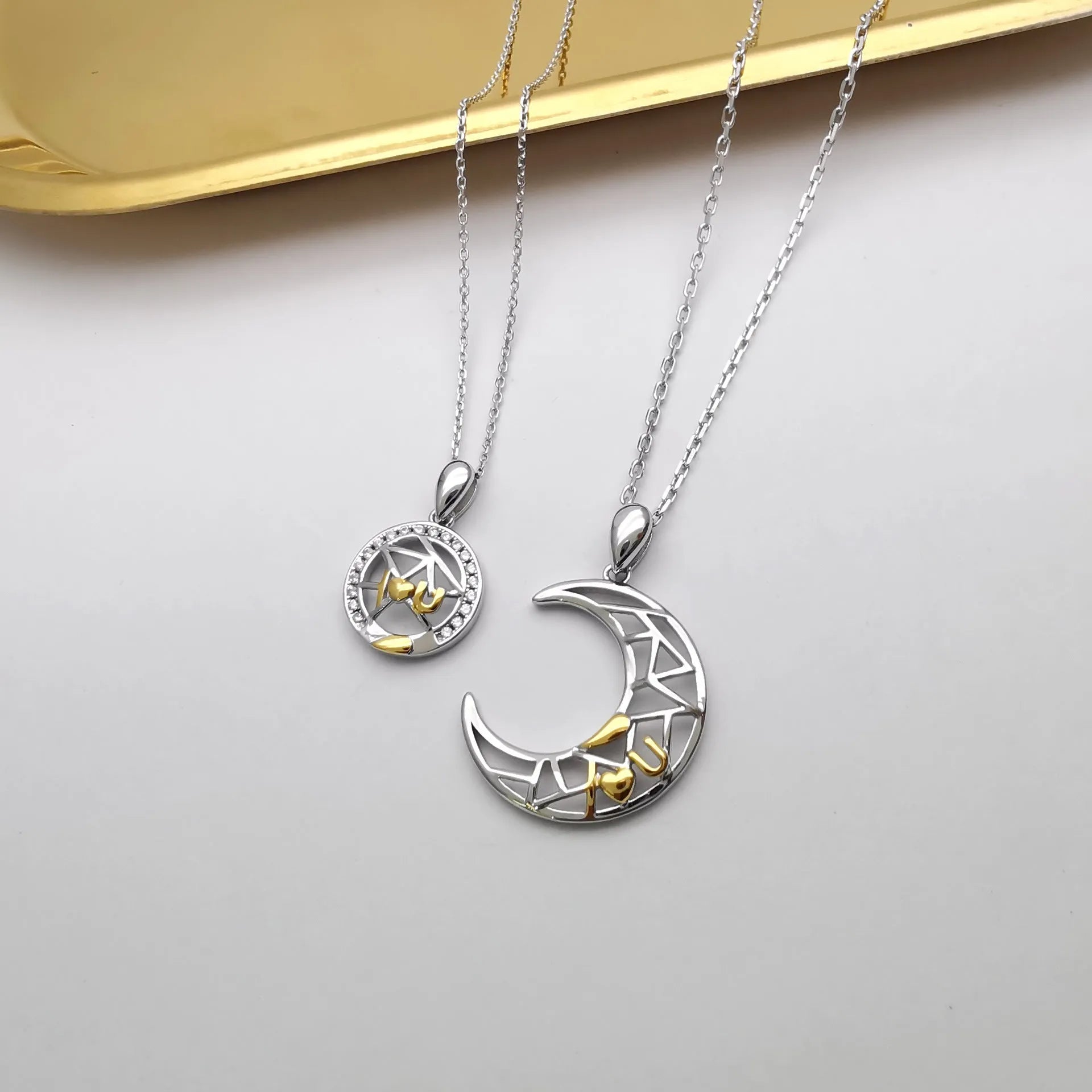 Sun moon couple necklace set with copper pendants and cross chain design