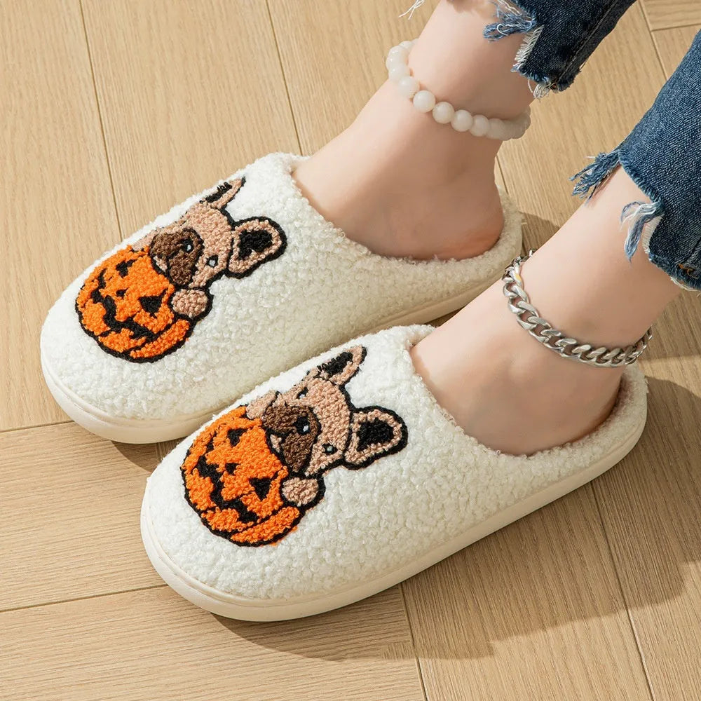 Halloween pumpkin design plush slippers with TPR rubber sole in black and white colours