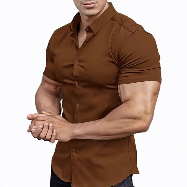 Men's short sleeve printed casual shirt in polyester, shown in multiple colour options.