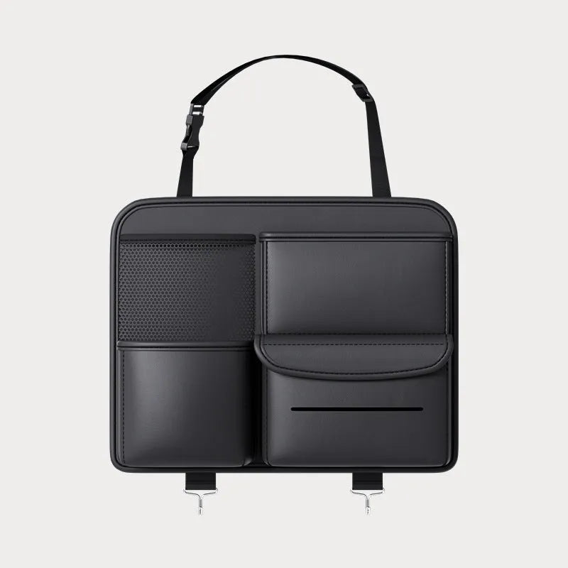 Black leather car seat back storage hanging bag with handle for baby buggy organisation