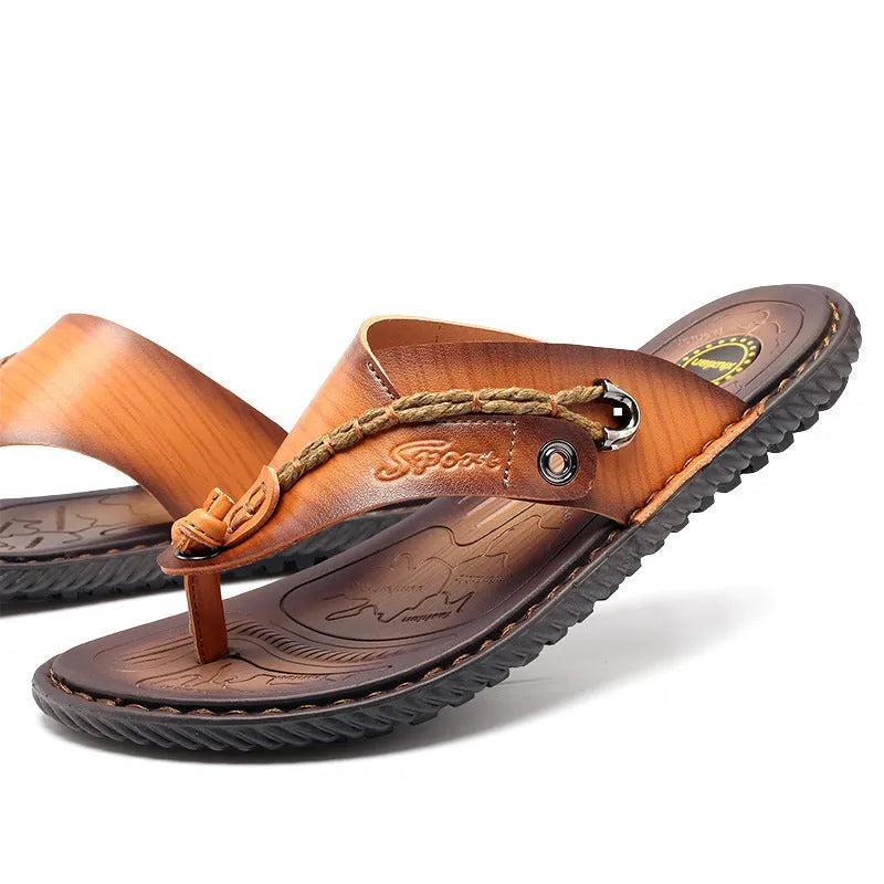 Men's black casual slippers with a non-slip sole and PU leather upper, shown from the side.