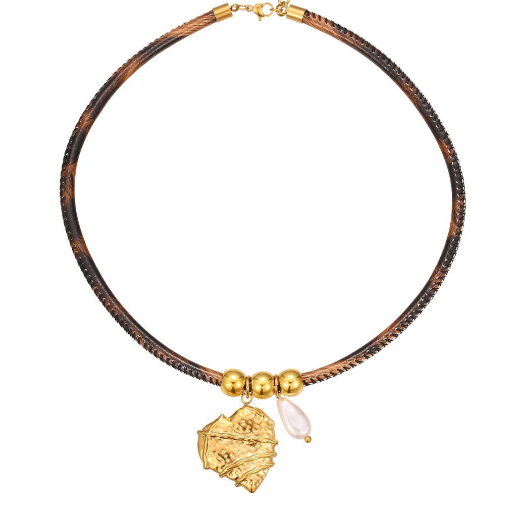 Leopard leather geometric pendant stainless steel necklace for women with adjustable chain