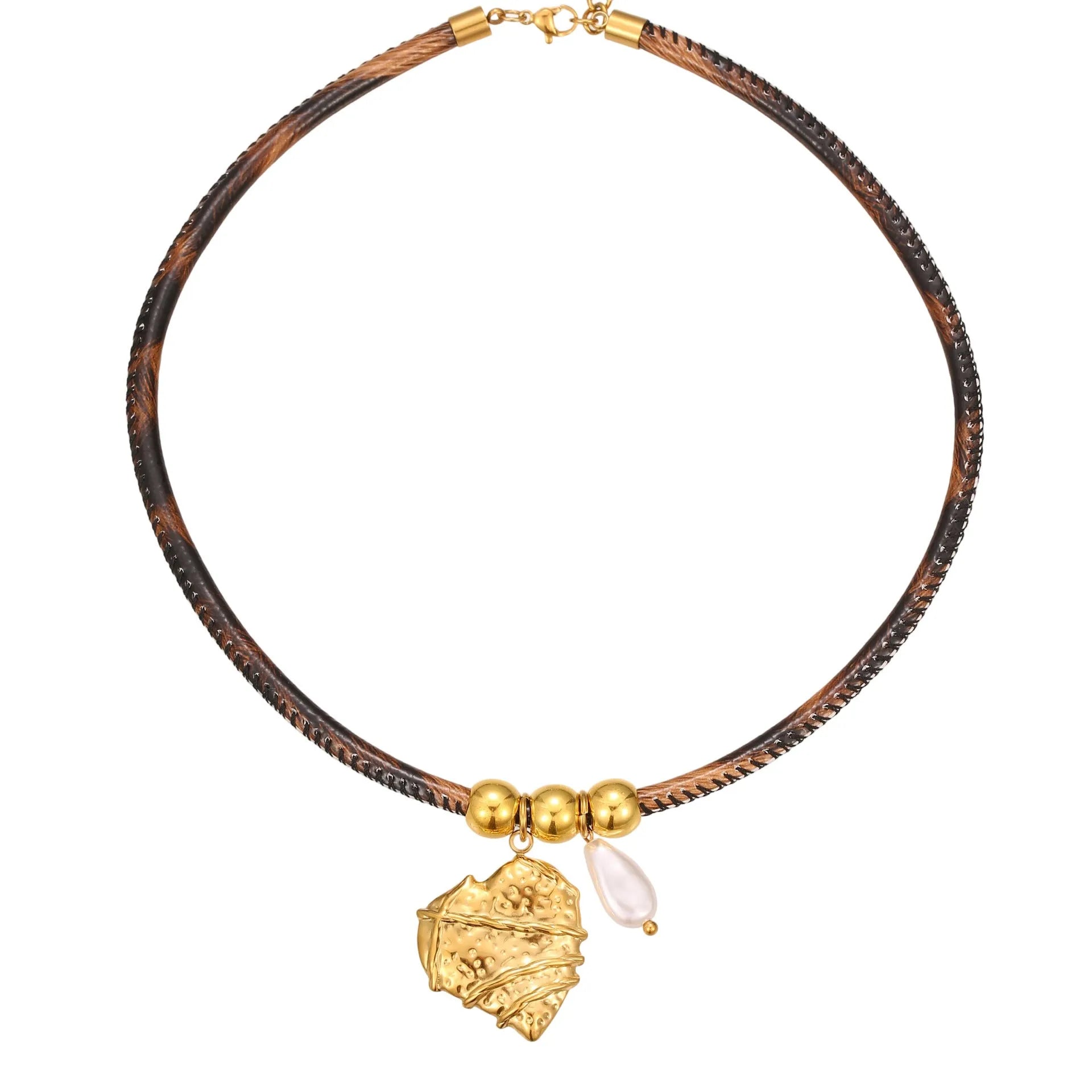 Leopard leather geometric pendant stainless steel necklace for women with adjustable chain