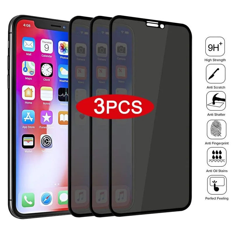 Black anti-peeping tempered glass screen protector for iPhone showing privacy angle demonstration