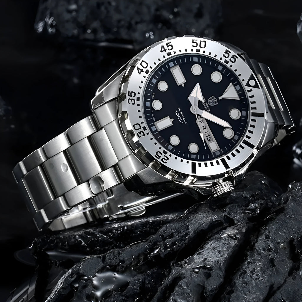 Men's waterproof luminous quartz watch with blue case and steel strap showing sporty 15mm design