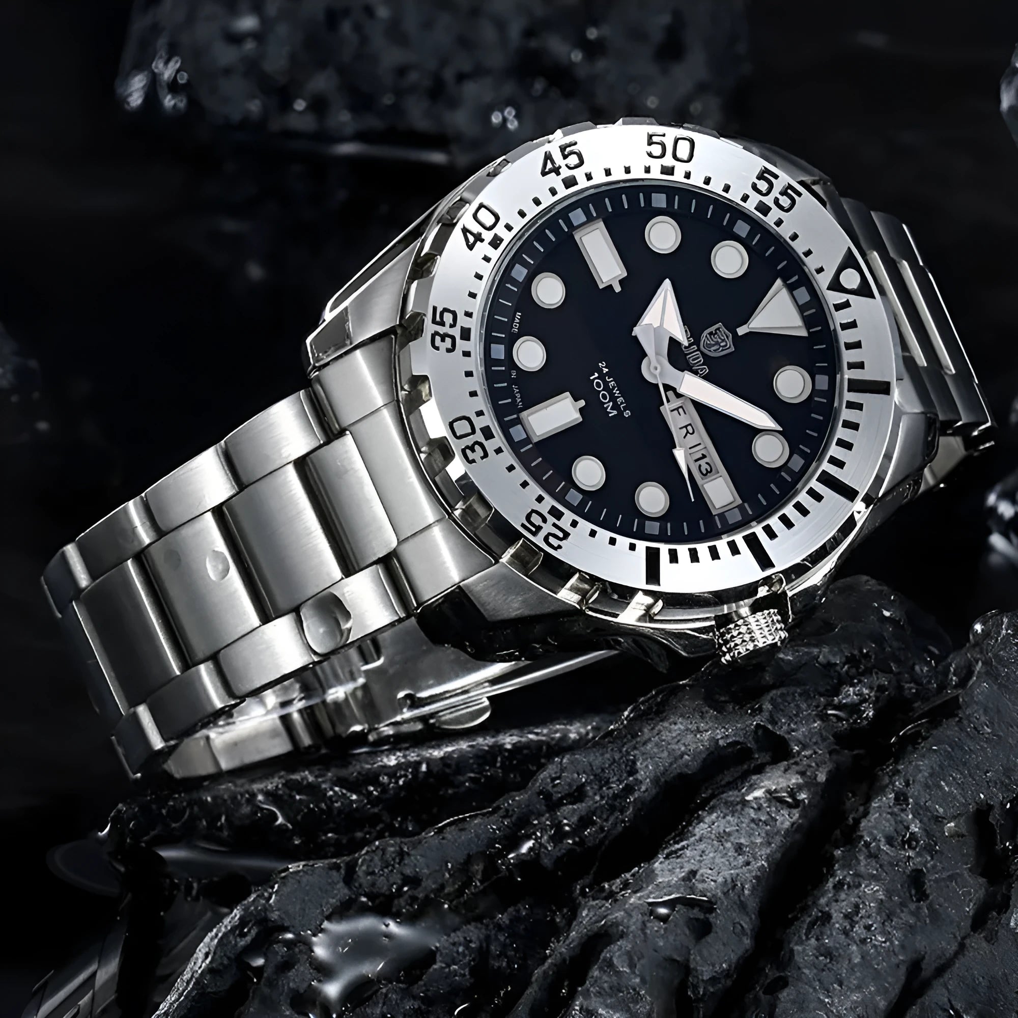Men's waterproof luminous quartz watch with blue case and steel strap showing sporty 15mm design