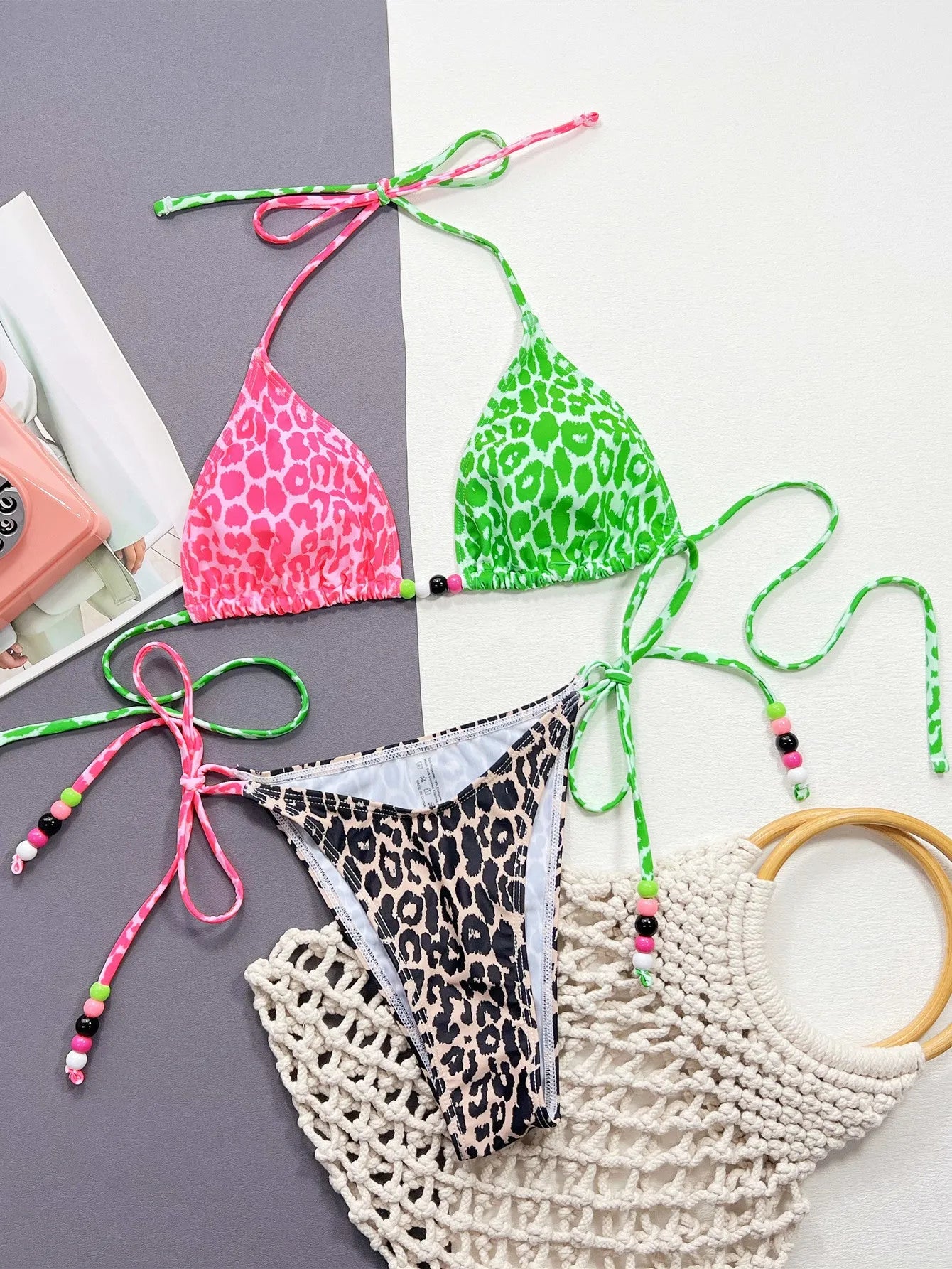 Women's leopard print bikini swimsuit set with separate bra and briefs