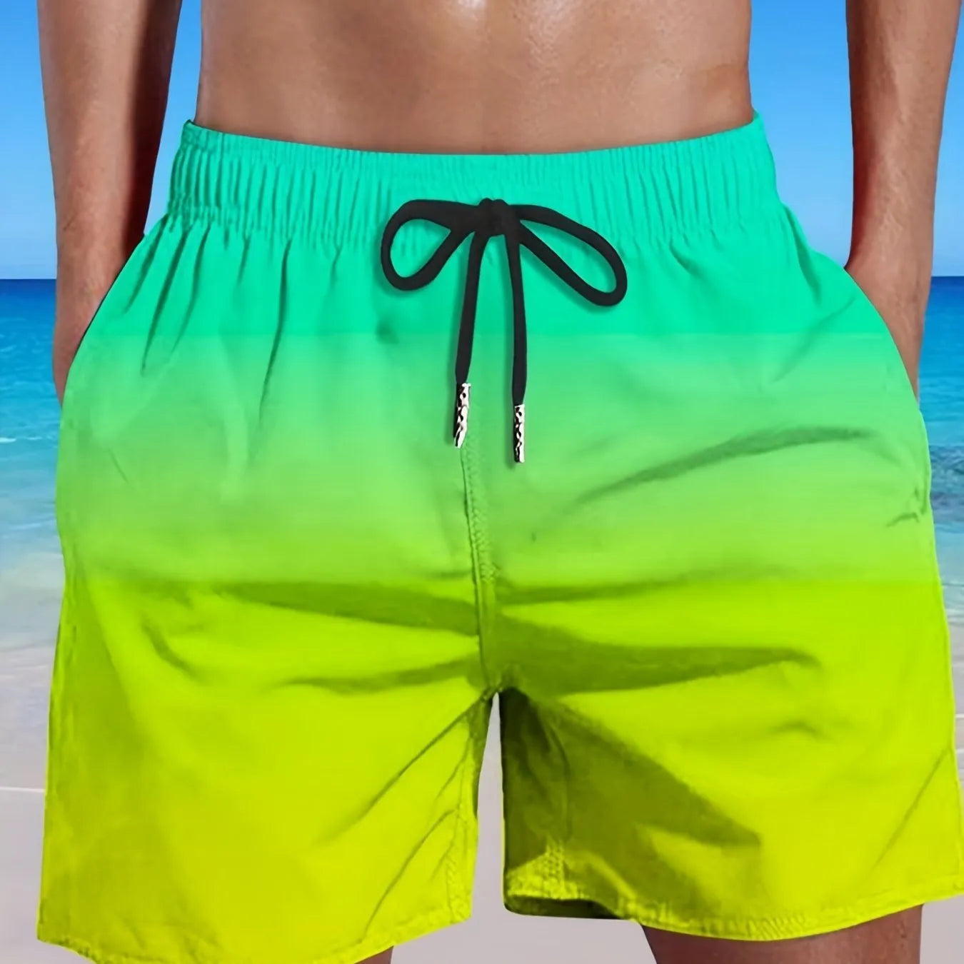 Men's 3D digitally printed sports shorts showing gradient colour transition on micro-elastic mesh material