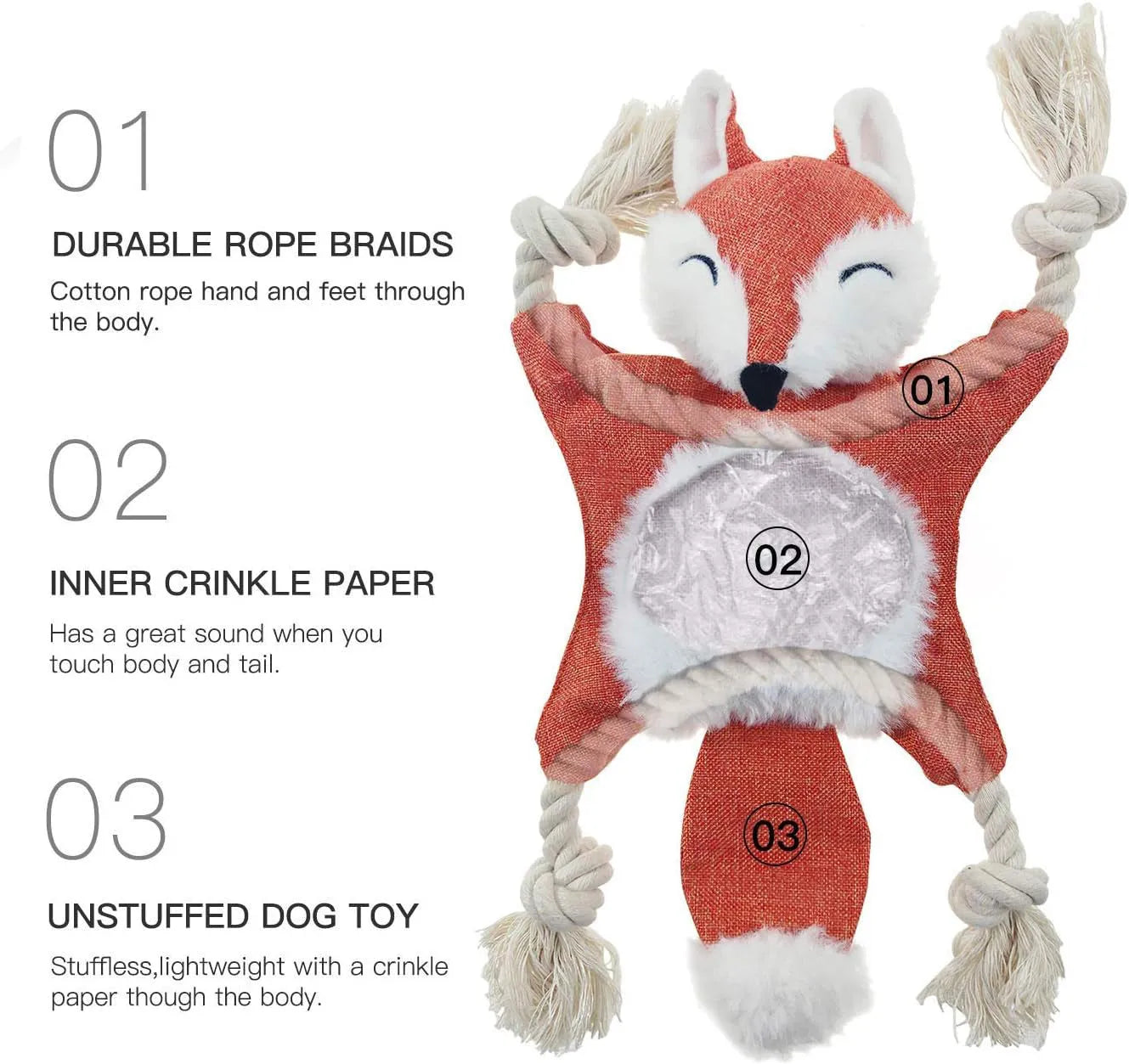Brown plush fox dog toy with embroidered eyes, cotton rope arms and legs, and a squeaker.