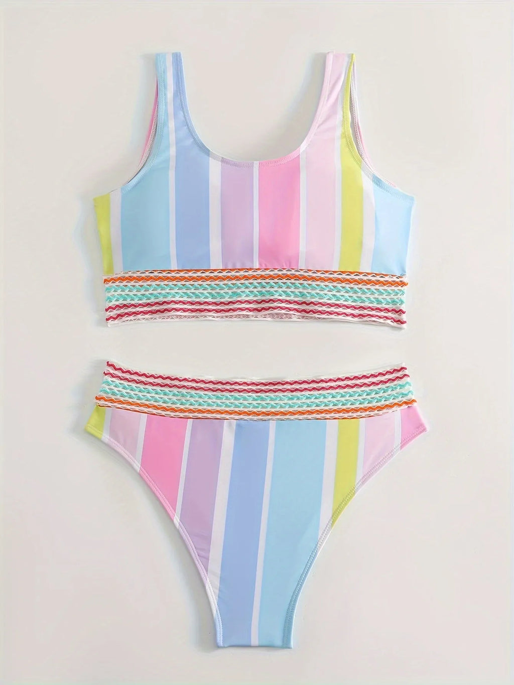 Women's striped bikini set with top and briefs for swimming and sports.