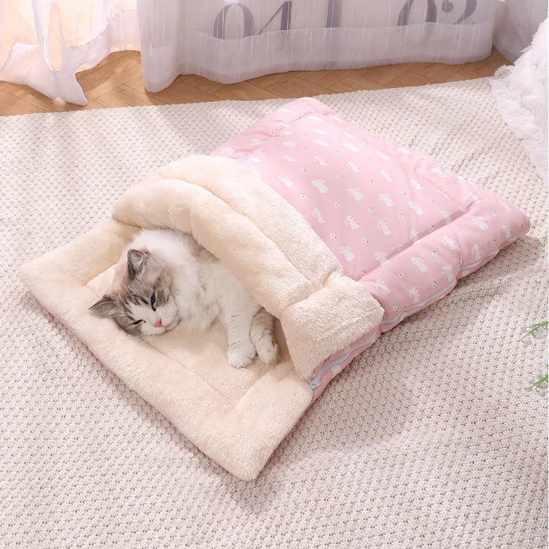 Soft cat bed in pink with detachable mat and foldable design, size M 70x100cm
